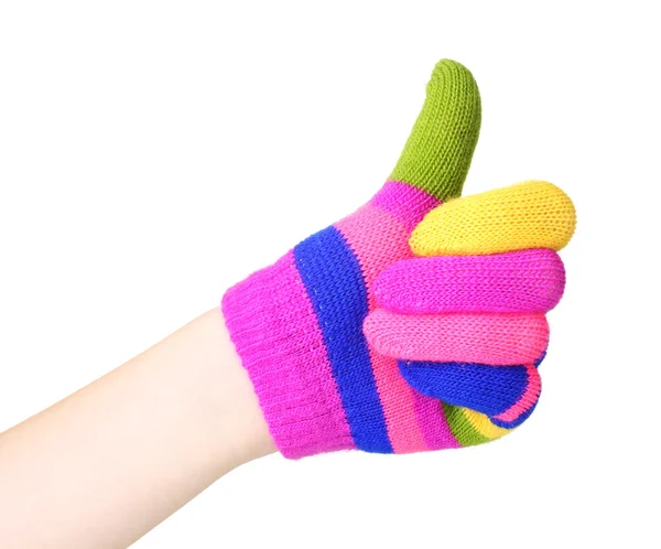 Яскраві смугасті дитячі рукавички на руці ізольовані на білому — стокове фото