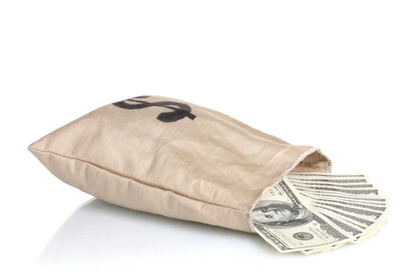 Beaucoup de billets de cent dollars dans un sac isolé sur blanc — Photo