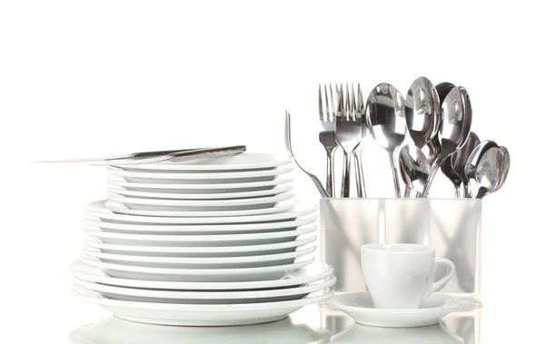 Clean plates and cutlery isolated on white — Stock Photo, Image