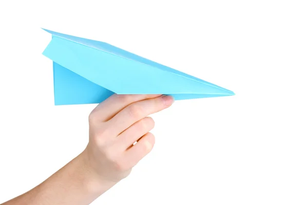 Origami papier vliegtuig in hand geïsoleerd op wit — Stockfoto