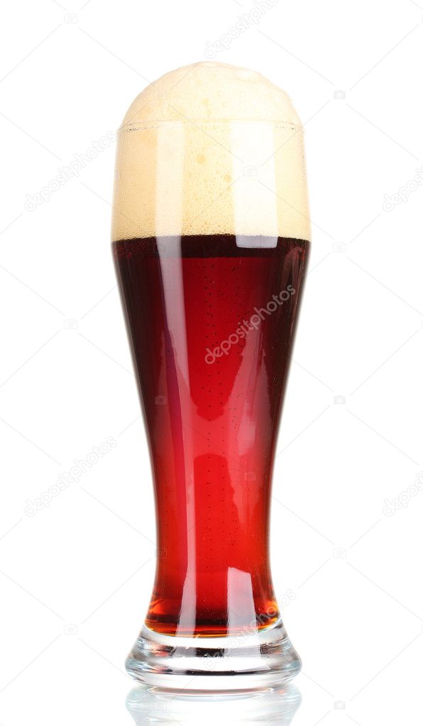 Red beer with foam in glass isolated on white