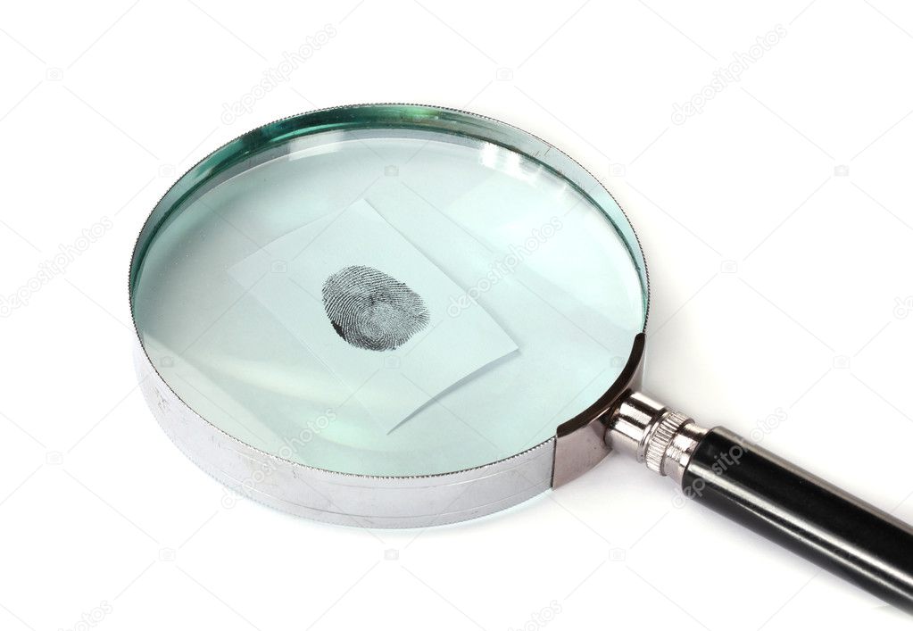 Magnifying glass and fingerprint isolated on white