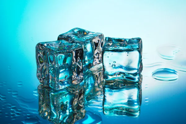 Cubes de glace fondus sur fond bleu — Photo