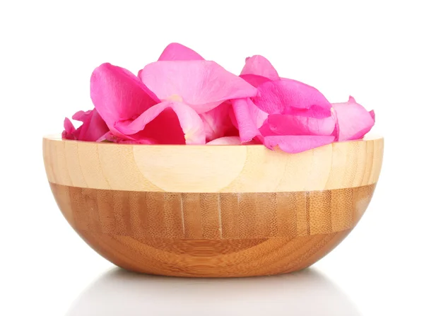 Beautiful pink rose petals in wooden bowl isolated on white — Stock Photo, Image