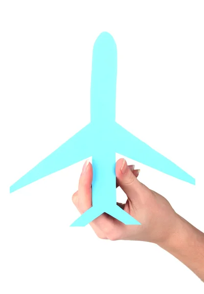 Kağıt Uçak üzerinde beyaz izole el — Stok fotoğraf