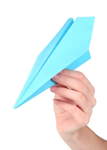 Origami avión de papel en mano aislado en blanco — Foto de Stock