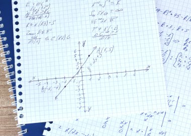 Math, physics and geometry on copybook page closeup clipart