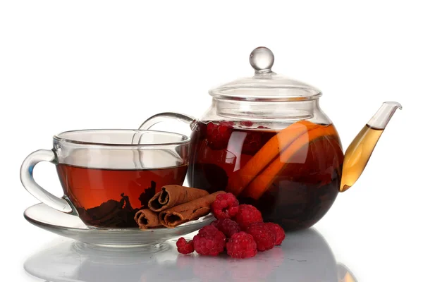Glass teapot and cup with black tea of raspberries,orange, lime isolated on — Stock Photo, Image