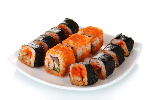 Heerlijke sushi op plaat geïsoleerd op wit — Stockfoto