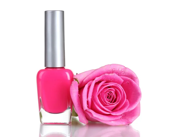 Pink nail polish with rose on white background — Stock Photo, Image