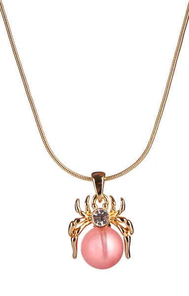 Pendant in form of spider with pink pearl isolated on white — Stock Photo, Image