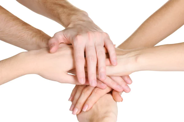 Grupo de jovens mãos isoladas em branco — Fotografia de Stock