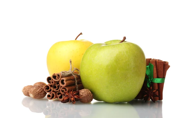 Tyčinky skořice, jablka, muškátový oříšek a anýzu izolovaných na bílém — Stock fotografie