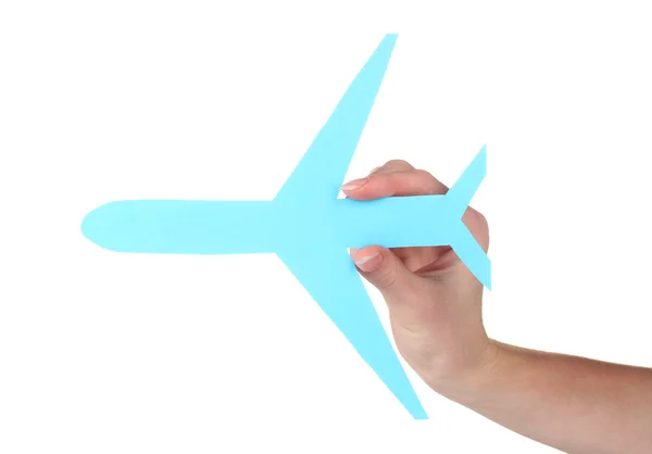 Avião de papel na mão isolado em branco — Fotografia de Stock