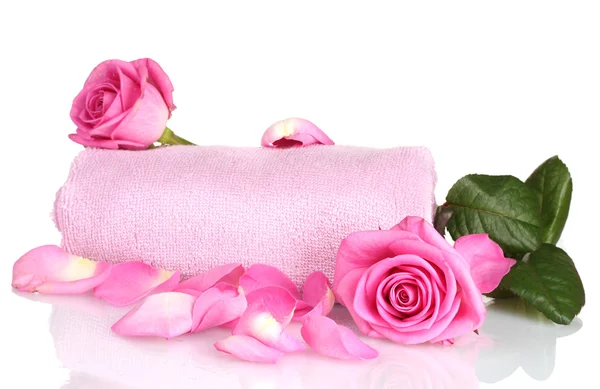 Pink towel with roses on white background — Stock Photo, Image