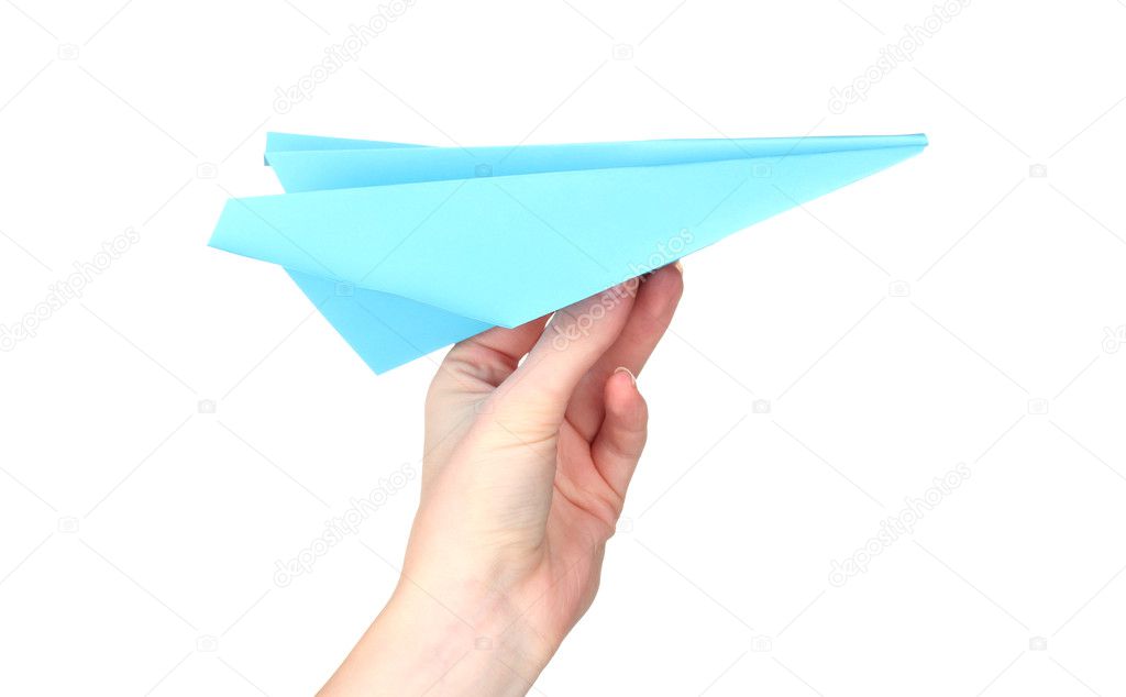 Origami paper airplane in hand isolated on white