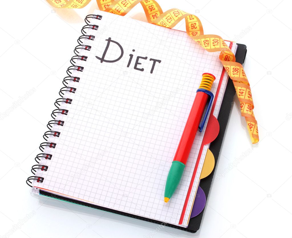 Planning of diet. Notebook measuring tape and pencil isolated on white