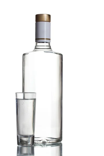 stock image Bottle of vodka and wineglass isolated on white