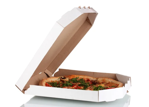 stock image Delicious pizza with sausage and vegetables in the package isolated on whit