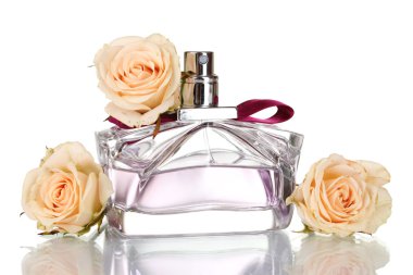 Womens perfume in beautiful bottle on white background clipart