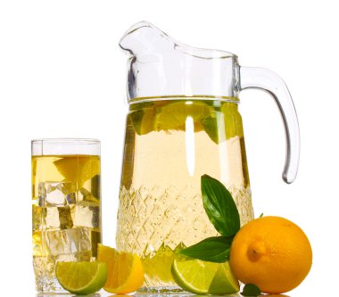 Pitcher and glass of lemonade and lemon isolated on white clipart