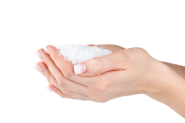 Belas mãos com neve isolada no branco — Fotografia de Stock