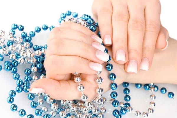 stock image Hands with beautiful winter design and beads isolated on white