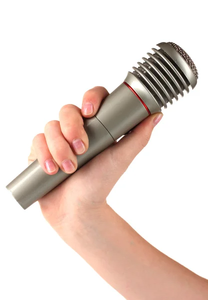 Glänzendes graues Eisen-Mikrofon in der Hand isoliert auf weiß — Stockfoto