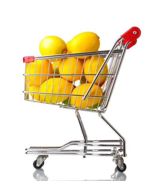 Ripe lemons in shopping cart isolated on white — Stock Photo, Image
