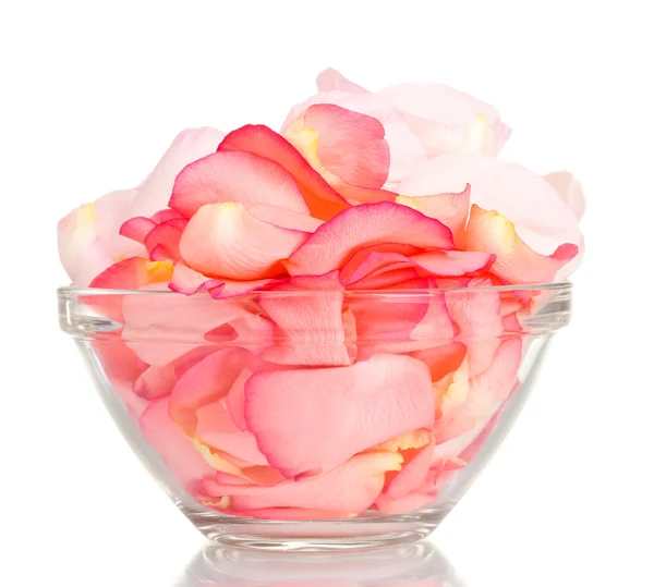 Hermosos pétalos de rosa rosa en tazón de vidrio aislado en blanco — Foto de Stock