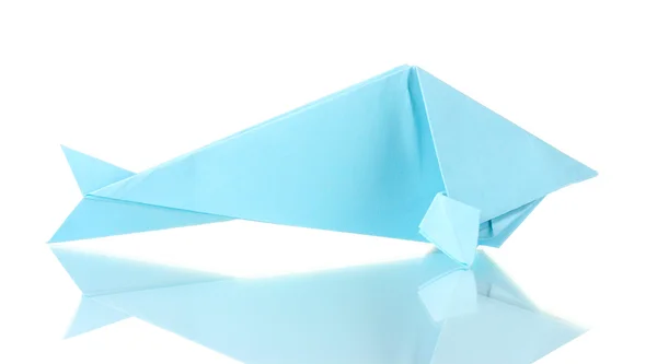 Origami balık mavi kağıt üzerinde beyaz izole — Stok fotoğraf