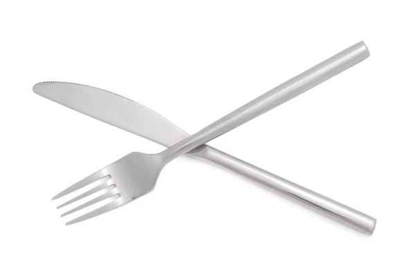 Zilveren vork en mes geïsoleerd op wit — Stockfoto