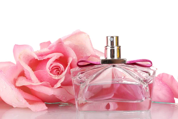 Perfume bottle and pink rose isolated on white — Stock Photo, Image