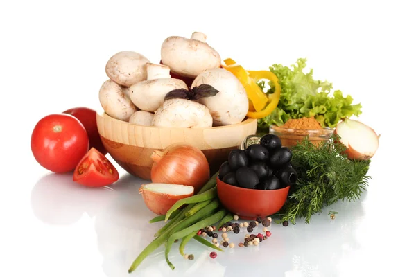 Mushrooms in a wooden bowl and vegetables isolated on white — Stock Photo, Image