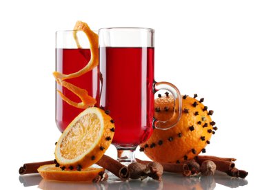 Mulled wine in the glass, spice and orange isolated on white clipart