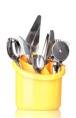 mutfak bıçakları, bıçak, çatal ve kaşık üzerine beyaz izole sarı standı