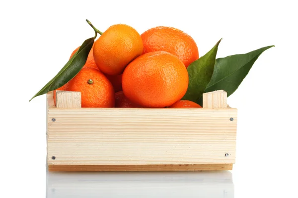 Megérett finom Tangerine levelek a fából készült doboz elszigetelt fehér — Stock Fotó