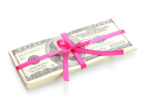 Un montón de billetes de cien dólares atados cinta rosa aislado en blanco —  Fotos de Stock
