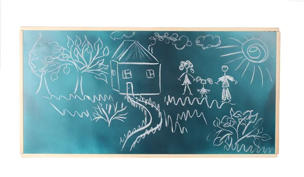 Доска с рисунком счастливой семьи с домом изолированы на белом — стоковое фото