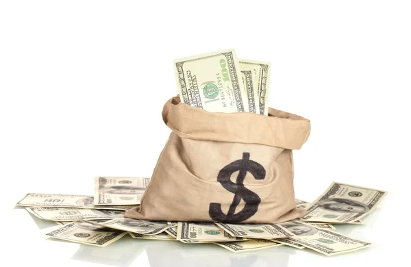 A lot of one hundred dollar bills in a bag isolated on white — Stock Photo, Image
