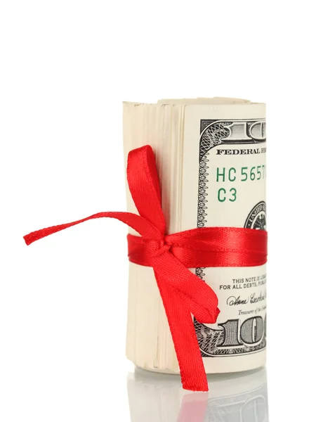 A lot of one hundred dollar bills tied red ribbon isolated on white — Stock Photo, Image