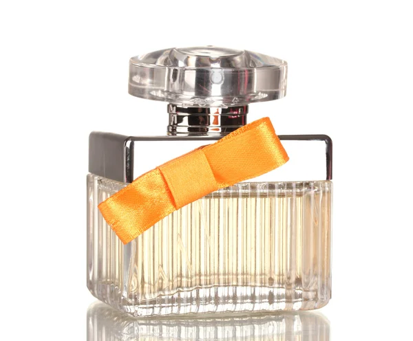 Parfumfles met oranje boog geïsoleerd op wit — Stockfoto