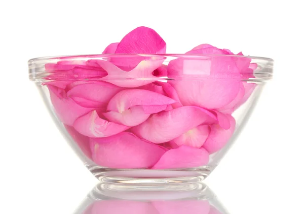 Belas pétalas de rosa rosa em tigela de vidro isolado em branco — Fotografia de Stock