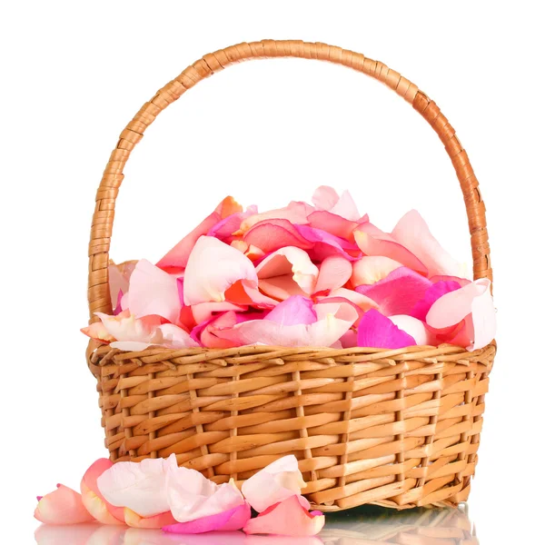 Bella rosa petali di rosa in cesto isolato su bianco — Foto Stock