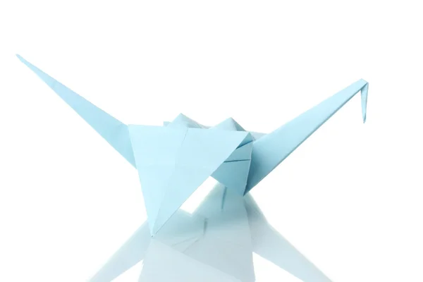 Gru Origami di carta blu isolato su bianco — Foto Stock