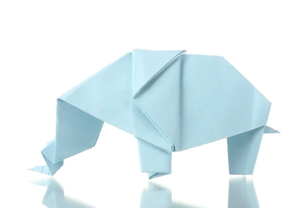 Elefante Origami fora do papel azul isolado em branco — Fotografia de Stock