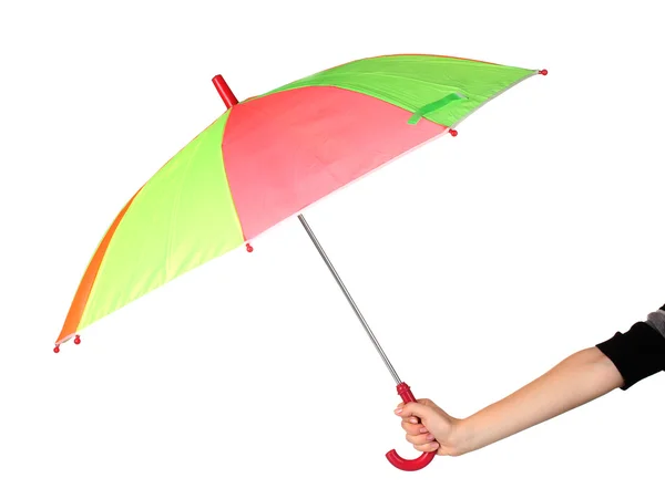 Multi-gekleurde paraplu in hand geïsoleerd op wit — Stockfoto
