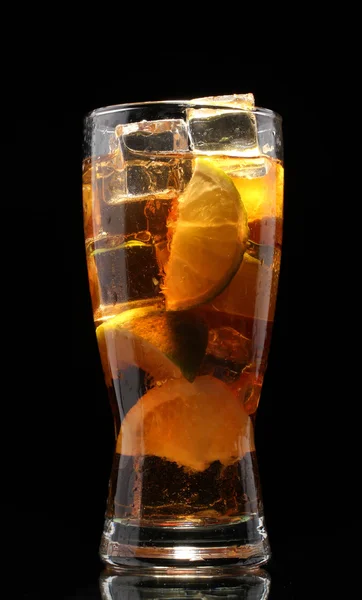 stock image Iced tea with lemon and lime on black background