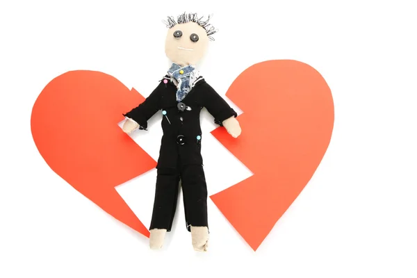 Voodoo doll boy-groom on the broken heart isolated on white — Stock Photo, Image