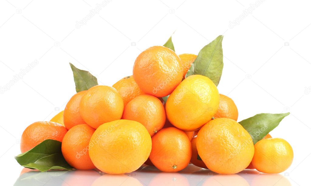 Tangerines with leaves isolated on white